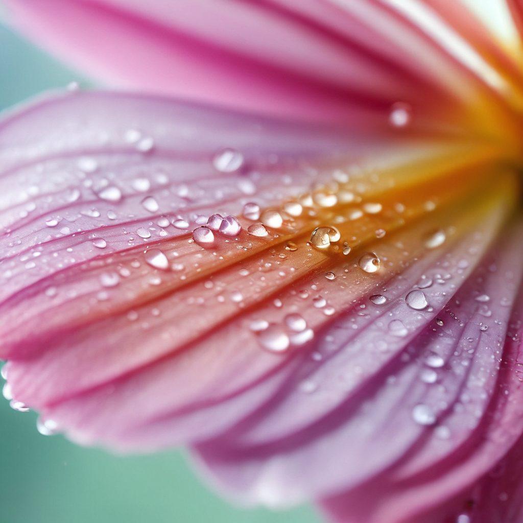 A dramatic close-up of a delicate flower petal glistening with raindrops, symbolizing intimacy and attention to detail. The background features soft, blurred pastel colors to evoke a sense of warmth and closeness. Include hints of human hands gently caressing the petals to enhance the theme of intimacy. Super-realistic. Vibrant colors. Soft-focus background.